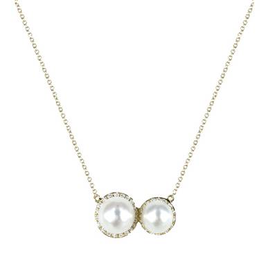 COLLIER OR JAUNE 750/00 2.37g EAU DOUCE CHINE 6,5/7MM RONDE BLANCHE DIAMANT 0.14CT
