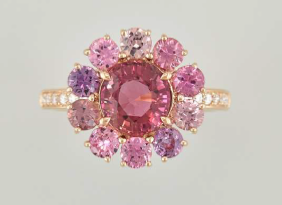 BAGUE OR ROSE 750/00 4.56g 11 SAPHIR PIERRES FINES 3.83 12 DIAMANT 0.11 T54