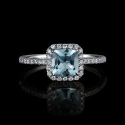 BAGUE OR GRIS 750/00 1.22g 1 AIGUE-MARINE COUSSIN 0.80CT 36 DIAMANTS RONDS 0.23CT