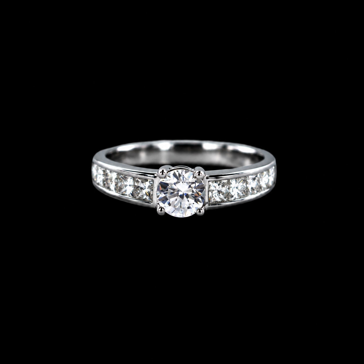BAGUE OR GRIS 750/00 3.80g DIAMANT ROND BLANC 0.50CT 10 DIAMANT PRINCESSE BLANC 0.76CT
