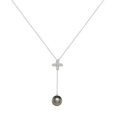 COLLIER OR GRIS 750/00 2.30g MERS DU SUD TAHITI 11/12MM SEMI-RONDE NOIRE 21 DIAMANT BLANC 0.15CT