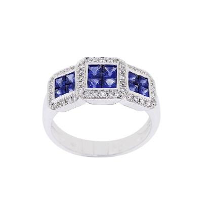 BAGUE OR GRIS 750/00 7.16g 12 SAPHIR 1.16 BLEU 44 DIAMANT ROND 0.25 BLANC T54