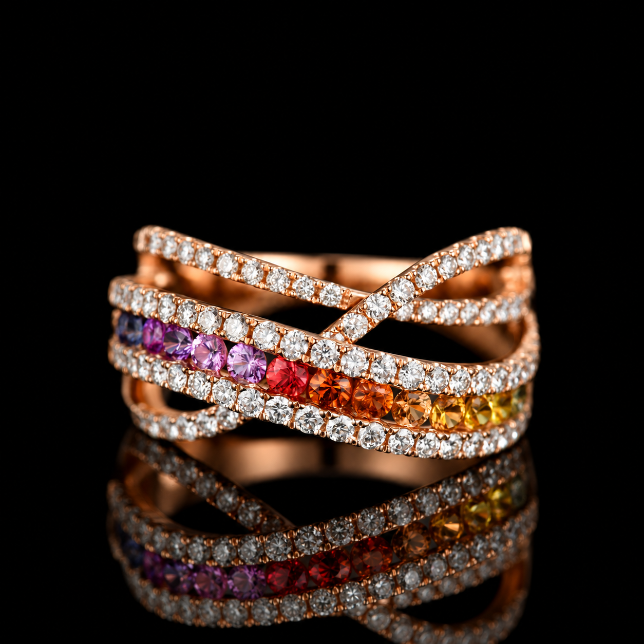 BAGUE OR ROSE 750/00 7.32g 15 SAPHIRS MULTICOLORES RONDS 0.85CT 81 DIAMANTS RONDS 0.93CT