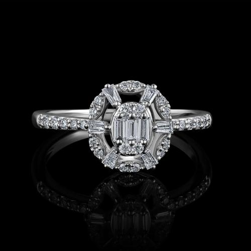 BAGUE OR GRIS 750/00 2.38g 6 DIAMANTS TRAPEZE 0.12CT 3 DIAMANTS BAGUETTES 0.08CT 26 DIAMANTS RONDS 0.18CT