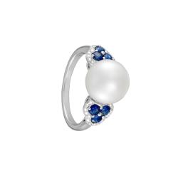 BAGUE OR GRIS 750/00 3.35g MERS DU SUD AUSTRALIE 10/11MM SEMI-RONDE BLANCHE 36 DIAMANT ROND BLANC 0.19CT 6 SAPHIR BLEU 0.50CT T56