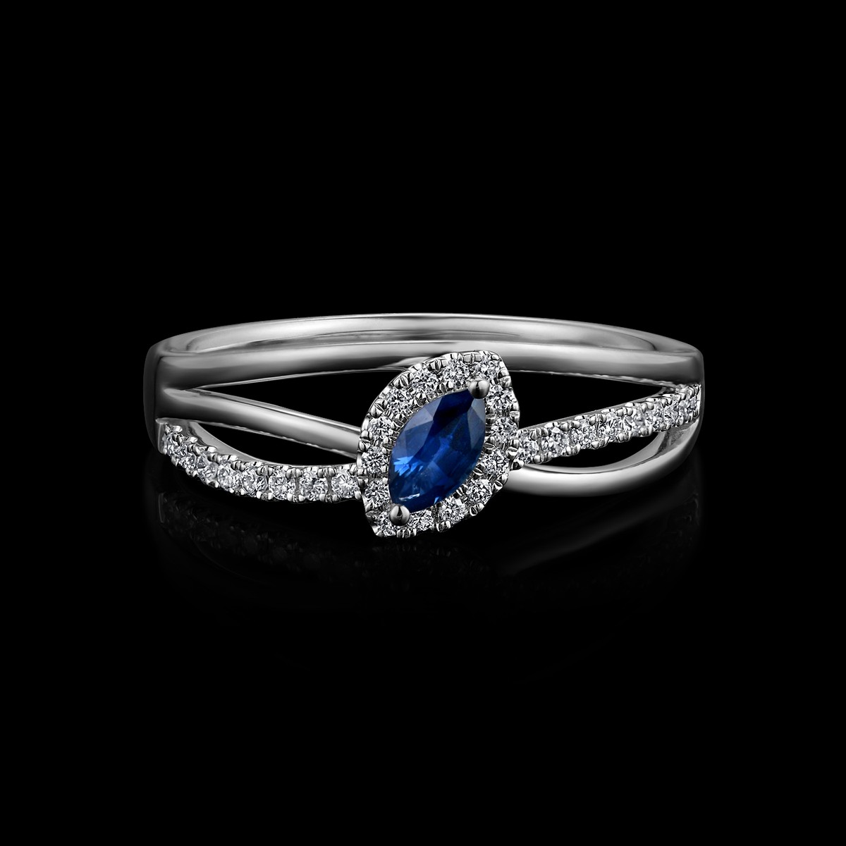 BAGUE OR GRIS 750/00 2.71g 1 SAPHIR MARQUISE 0.21CT 31 DIAMANTS RONDS 0.13CT