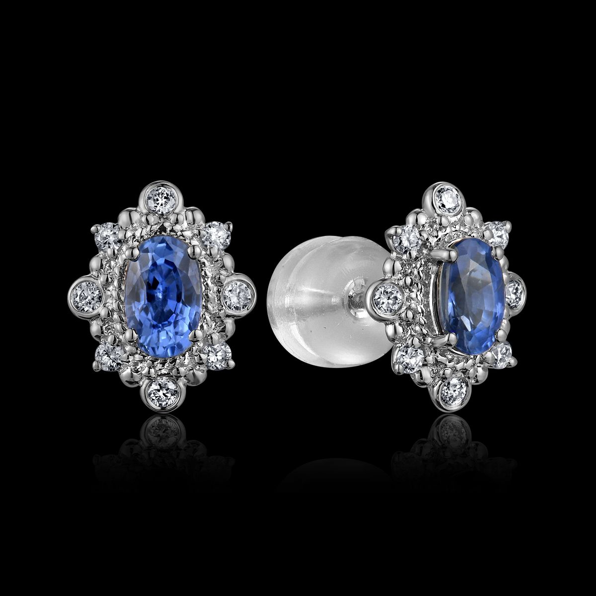 BO OR GRIS 750/00 1.63g 2 SAPHIRS OVALES 0.63CT 16 DIAMANTS RONDS 0.12CT