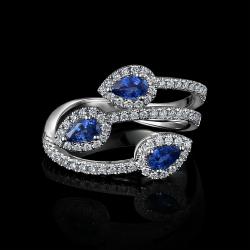 BAGUE OR GRIS 750/00 4.53g 3 SAPHIRS POIRES 0.87CT 74 DIAMANTS RONDS 0.44CT