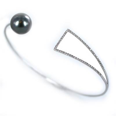 BRACELET OR GRIS 750/00 2.41g MERS DU SUD TAHITI 10/11MM SEMI-RONDE NOIRE 65 DIAMANT 0.21CT