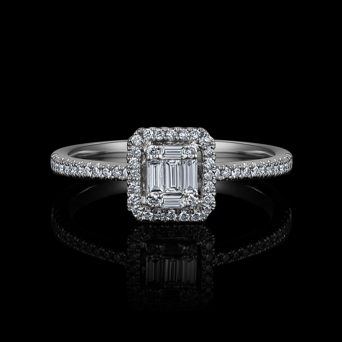 BAGUE OR GRIS 750/00 2.19g 5 DIAMANTS BAGUETTES 0.08CT 52 DIAMANTS RONDS 0.15CT