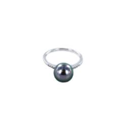 BAGUE OR GRIS 750/00 T47 1.20g MERS DU SUD TAHITI 8/9MM RONDE NOIRE 8 DIAMANT BLANC 0.04CT