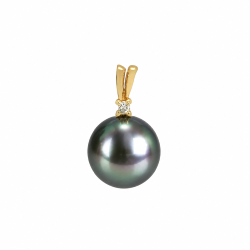 PENDENTIF OR JAUNE 750/00 MER DU SUD TAHITI 10MM RONDE DIAMANT 0.02 CT BELIERE 0.40 GR