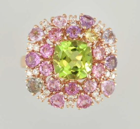 BAGUE OR ROSE 750/00 6.27g 21 SAPHIR PIERRES FINES 5.94 20 DIAMANT 0.27 T54