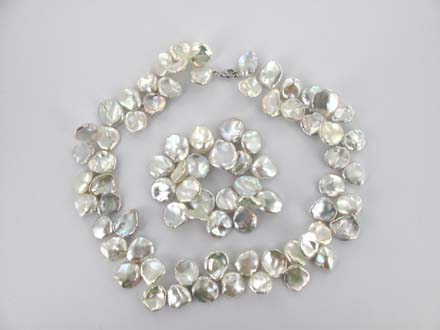 PARURE COLLIER/BRACEL ARGENT 925/00 0.54g EAU DOUCE CHINE 12/14MM KESHI BLANCHE