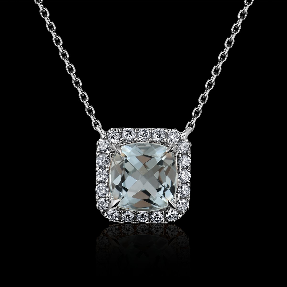 COLLIER OR GRIS 750/00 1.33g 1 AIGUE-MARINE COUSSIN 0.78CT 20 DIAMANTS RONDS 0.13CT