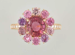 BAGUE OR ROSE 750/00 4.56g 11 SAPHIR PIERRES FINES 3.83 12 DIAMANT 0.11 T54