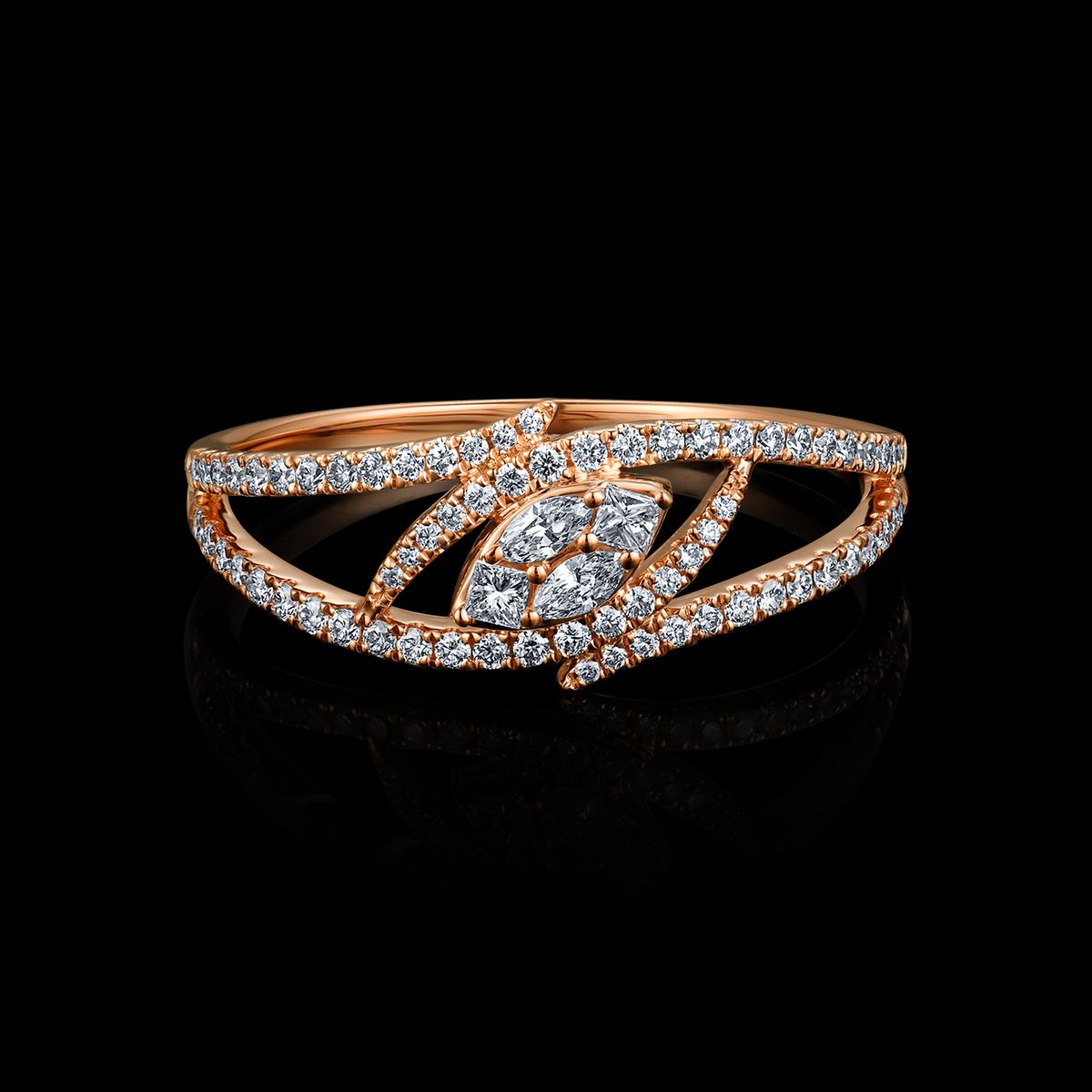 BAGUE OR ROSE 750/00 1.66g 2 DIAMANTS MARQUISES 0.05CT 2 DIAMANTS PRINCESSES 0.05CT 68 DIAMANTS RONDS 0.26CT