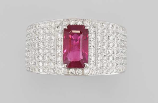 BAGUE OR GRIS 750/00 8.74g 1 SAPHIR 1.13 184 DIAMANT 1.03 T54
