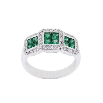 BAGUE OR GRIS 750/00 6.66g 12 EMERAUDE VERT 0.87CT 44 DIAMANT ROND BLANC 0.25CT T54