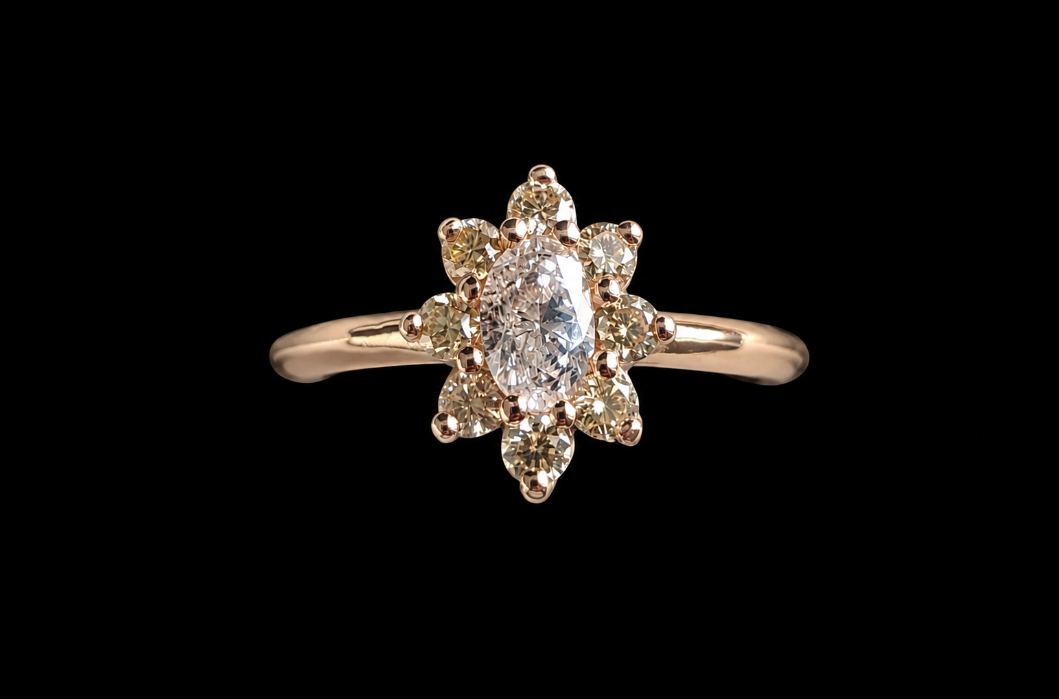 BAGUE OR ROSE 750/00 3.45g 1 DIAMANT OVALE 0.44CT 8 DIAMANTS RONDS DE COULEUR 0.36CT