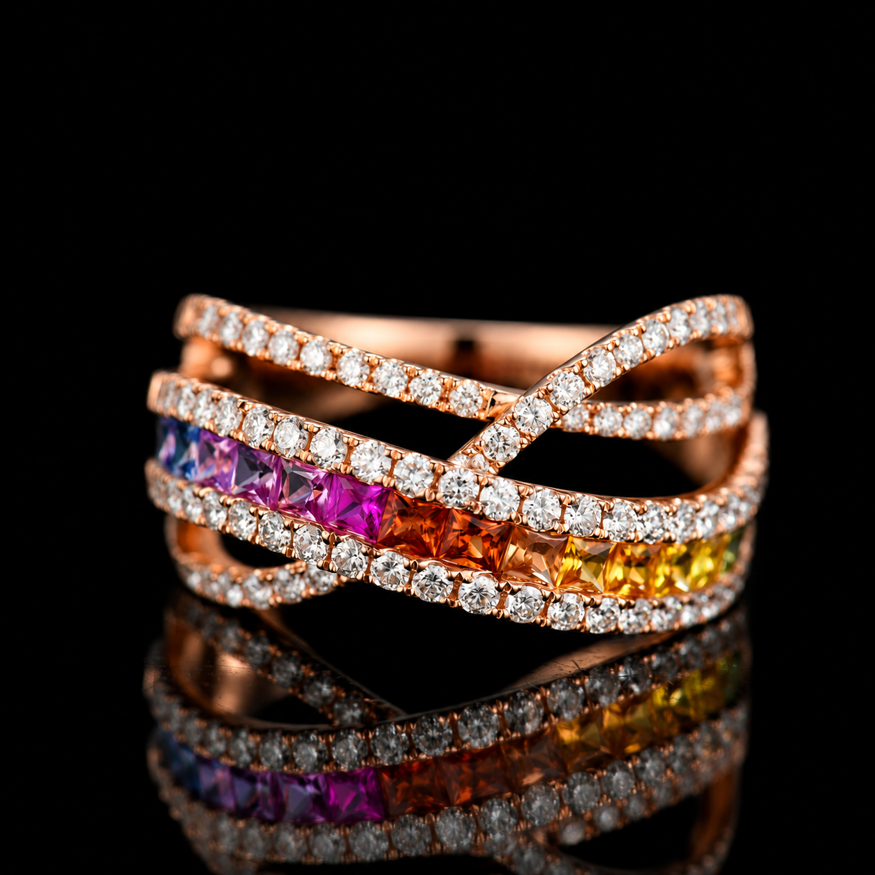 BAGUE OR ROSE 750/00 7.20g 14 SAPHIRS MULTICOLORES PRINCESSE 0.98CT 1 RUBIS PRINCESSE 0.07CT 81 DIAMANTS RONDS 0.94CT