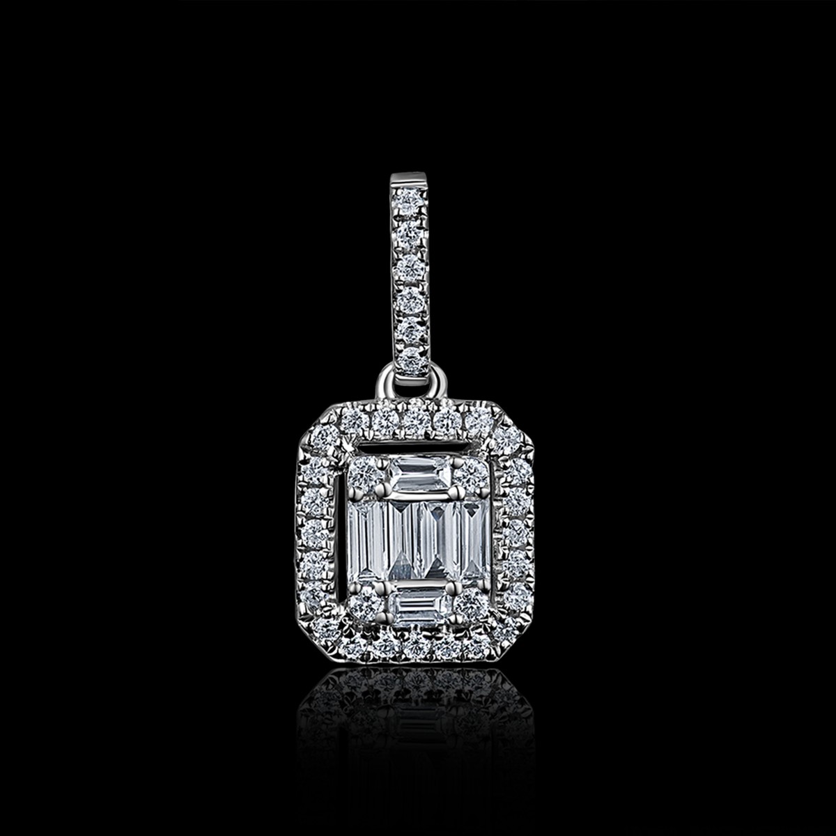 PENDENTIF OR GRIS 750/00 0.64g 6 DIAMANTS BAGUETTES 0.10CT 34 DIAMANTS RONDS 0.09CT