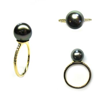 BAGUE OR JAUNE 750/00 T54 1.30g MERS DU SUD TAHITI 8/8,5MM RONDE 14 DIAMANT BLANC 0.09CT