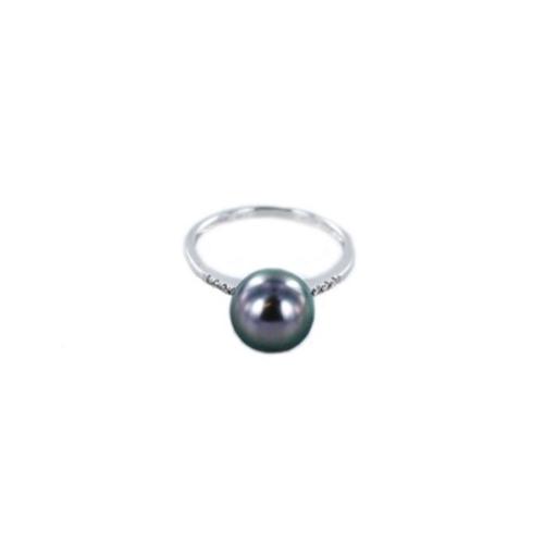 BAGUE OR GRIS 750/00 T47 1.20g MERS DU SUD TAHITI 8/9MM RONDE NOIRE 8 DIAMANT BLANC 0.04CT