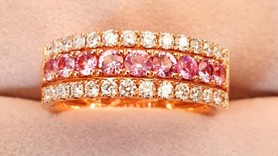 BAGUE OR ROSE 750/00 6.60g SAPHIRS ROSES 0.72CT DIAMANTS 0.50CT T54