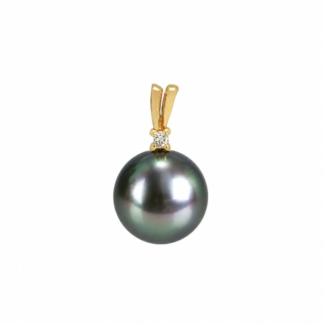 PENDENTIF OR JAUNE 750/00 MER DU SUD TAHITI 10MM RONDE DIAMANT 0.02 CT BELIERE 0.40 GR
