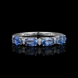 BAGUE OR GRIS 750/00 1.19g 4 SAPHIRS OVALES 1.03CT 10 DIAMANTS RONDS 0.06CT