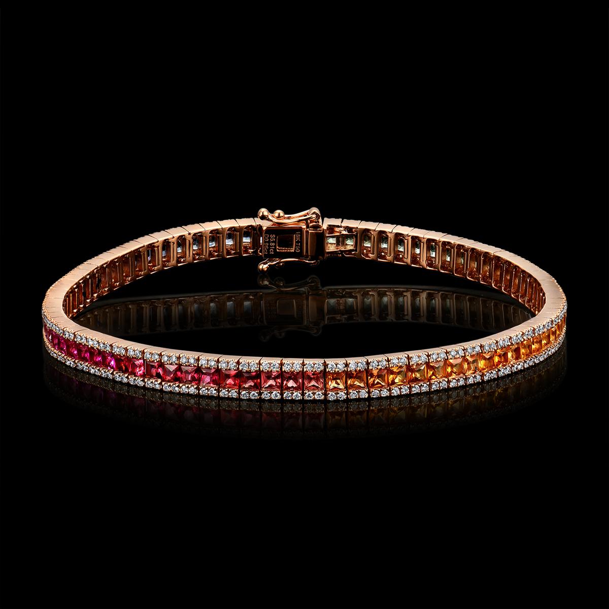 BRACELET OR ROSE 750/00 13.41g 76 SAPHIRS MULTICOLORES PRINCESSES 4.94CT 5 RUBIS PRINCESSES 0.33CT 324 DIAMANTS RONDS 0.91CT