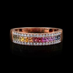BAGUE OR ROSE 750/00 2.54g 11 SAPHIRS MULTICOLORES PRINCESSES 0.53CT 1 RUBIS PRINCESSE 0.06CT 38 DIAMANTS RONDS 0.23CT