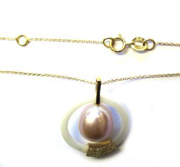 COLLIER OR JAUNE 375/00  EAU DOUCE CHINE 9/9,5MM POIRE NATURELLE 22 DIAMANT BLANC 0.06CT