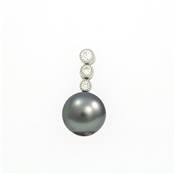 PENDENTIF OR GRIS 750/00 0.57g MERS DU SUD TAHITI 9/10MM SEMI-RONDE 3 DIAMANT 0.15CT