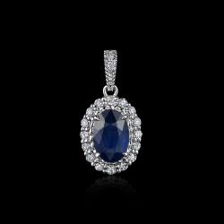 PENDENTIF OR GRIS 750/00 0.53g 1 SAPHIR OVALE 0.78CT 19 DIAMANTS RONDS 0.13CT