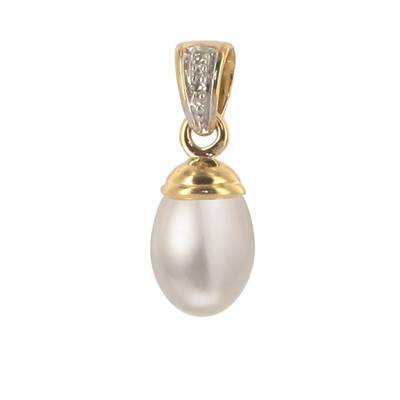 PENDENTIF OR JAUNE 750/00 1.20g EAU DOUCE CHINE 8/8,5MM POIRE BLANCHE 2 DIAMANT BLANC 0.01CT