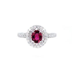 BAGUE OR GRIS 750/00 2.60g 1 TOURMALINE ROSE 0.68CT 96 DIAMANT 0.56CT T54