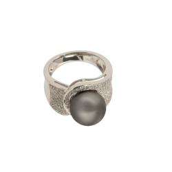 BAGUE OR GRIS 750/00 1T54 8.70g MERS DU SUD TAHITI 10/11MM SEMI-RONDE NOIRE DIAMANT BLANC 0.38CT