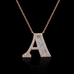 COLLIER OR ROSE 750/00 TOUTES LES LETTRES DE L ALPHABET 1.73g 11 DIAMANTS BAGUETTES 0.05CT 50 DIAMANTS RONDS 0.13CT