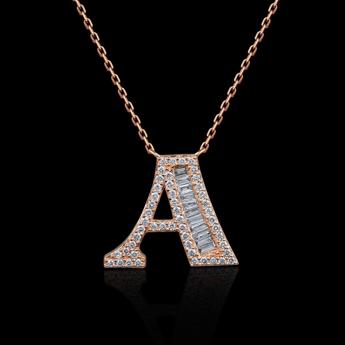COLLIER OR ROSE 750/00 TOUTES LES LETTRES DE L ALPHABET 1.73g 11 DIAMANTS BAGUETTES 0.05CT 50 DIAMANTS RONDS 0.13CT