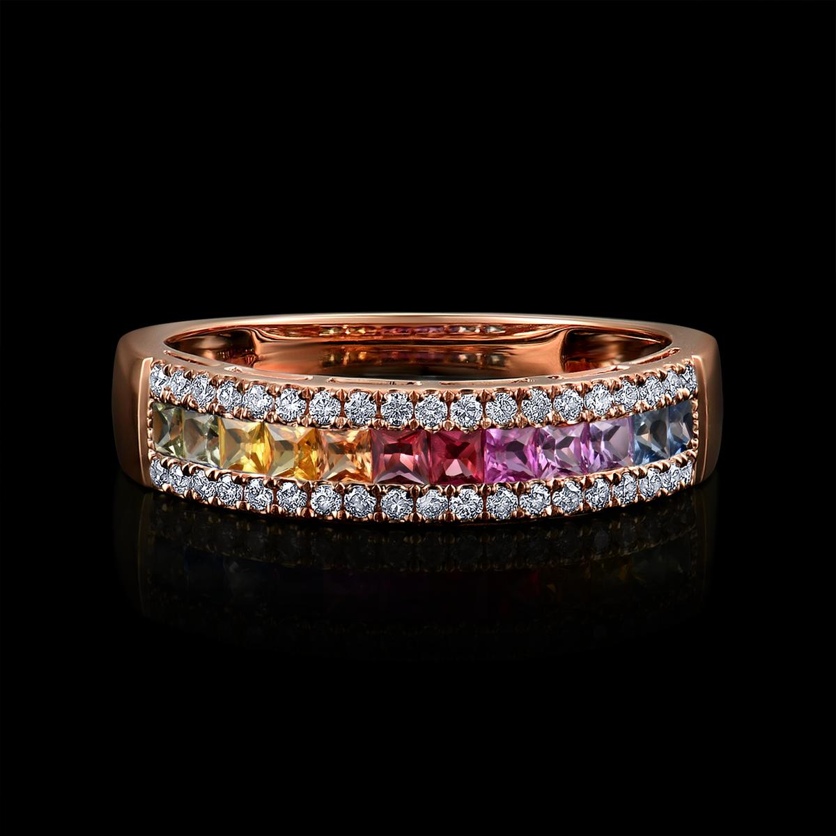 BAGUE OR ROSE 750/00 2.54g 11 SAPHIRS MULTICOLORES PRINCESSES 0.53CT 1 RUBIS PRINCESSE 0.06CT 38 DIAMANTS RONDS 0.23CT