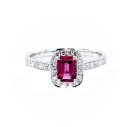 BAGUE OR GRIS 750/00 2.35g 1 TOURMALINE ROSE 0.49CT 29 DIAMANT ROND 0.30CT T54