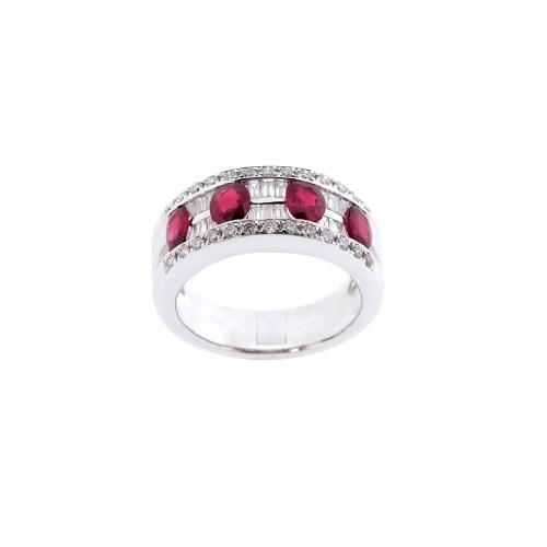 BAGUE OR GRIS 750/00 8.55g 4 RUBIS ROUGE 1.49CT DIAMANT T53