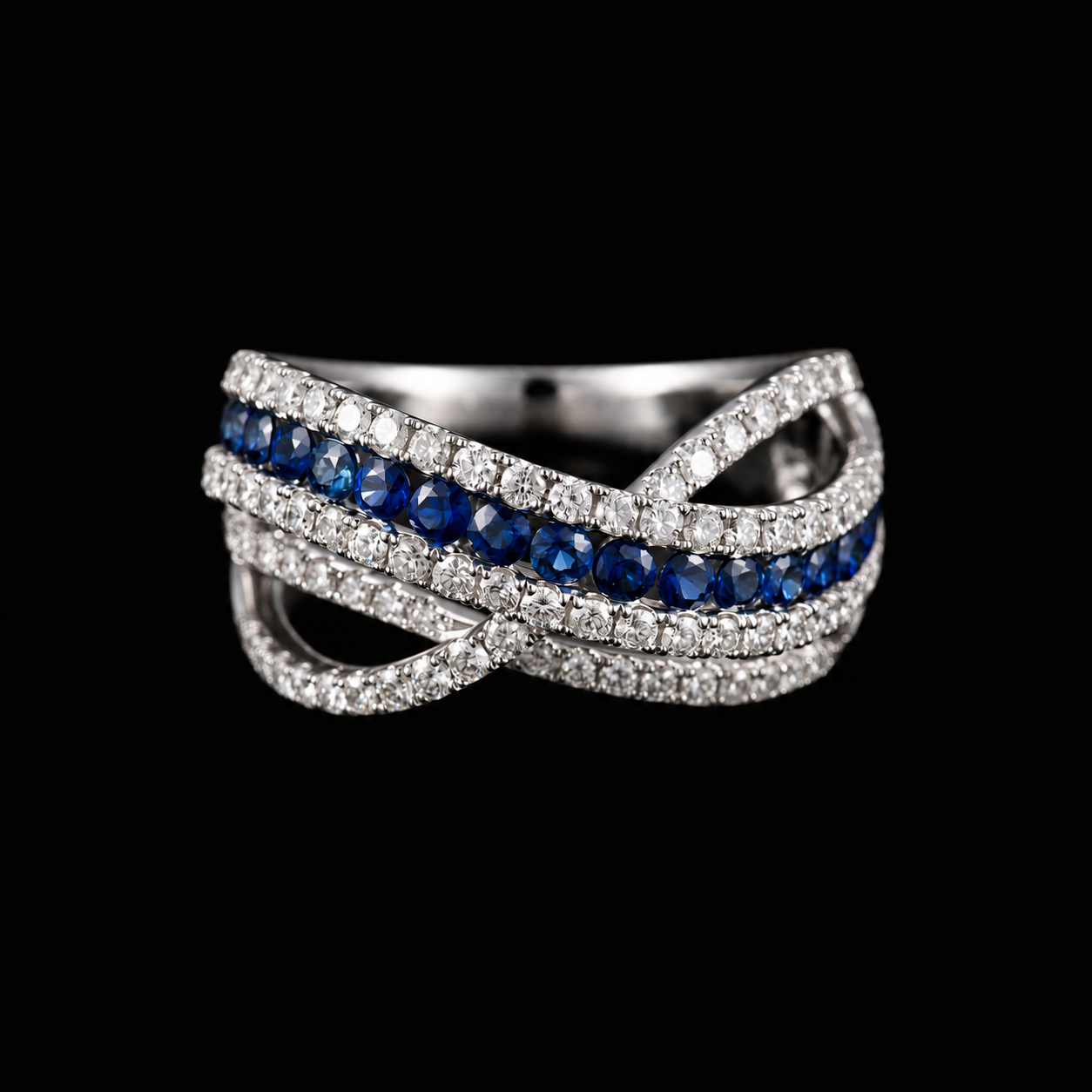 BAGUE OR GRIS 750/00 6.99g 16 SAPHIRS RONDS 0.78CT 81 DIAMANTS RONDS 0.95CT